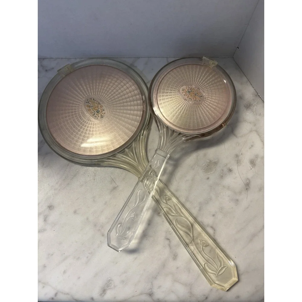Vtg Early 20th Century Lucite Hand Held Mirror Brush Floral Bouquet Medallian - Picture 2 of 8